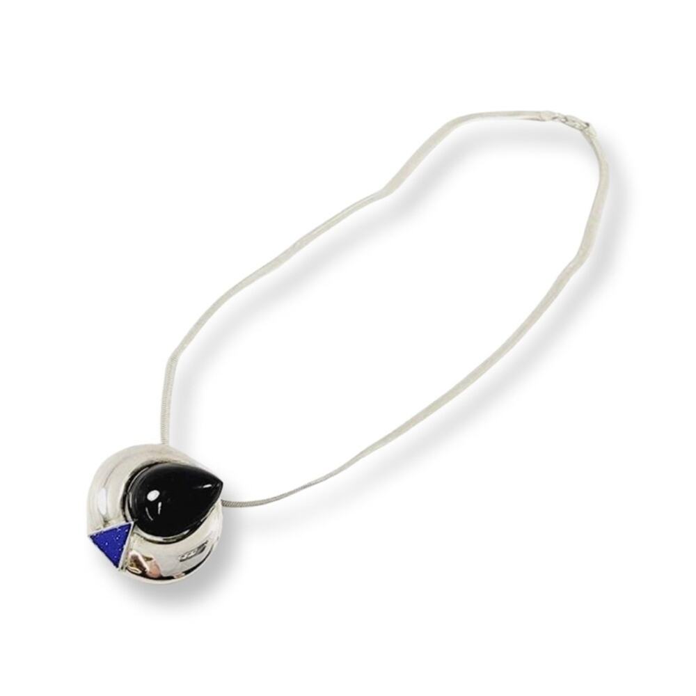 Vintage Necklace Silver Chain with Onyx and Lapis Lazuli Pendant wisdom strength